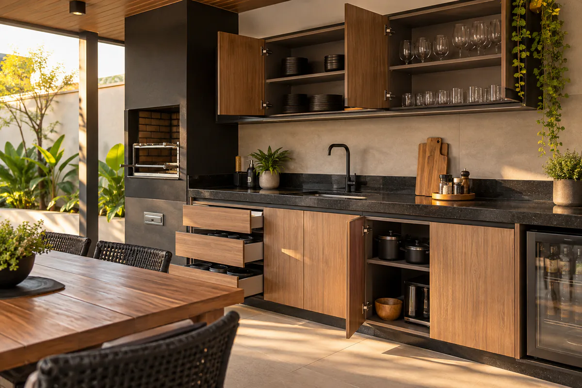 Vista funcional de Armário para Área Gourmet em projeto de marcenaria
