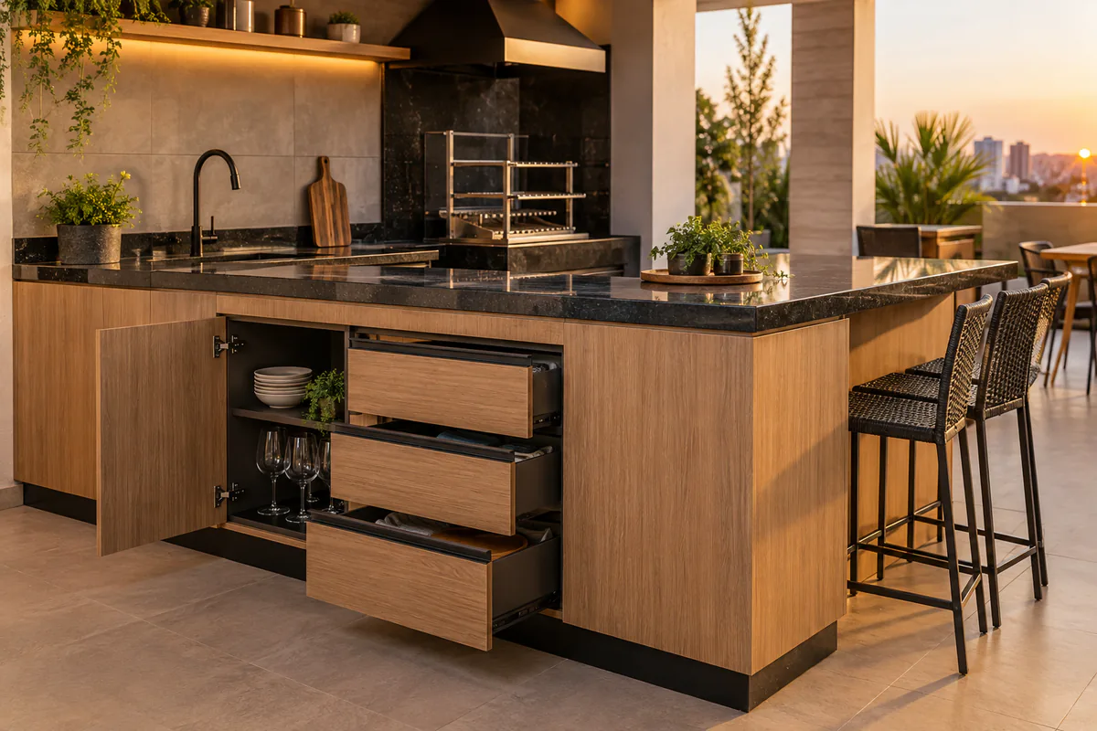 Vista funcional de Balcão para Área Gourmet em projeto de marcenaria