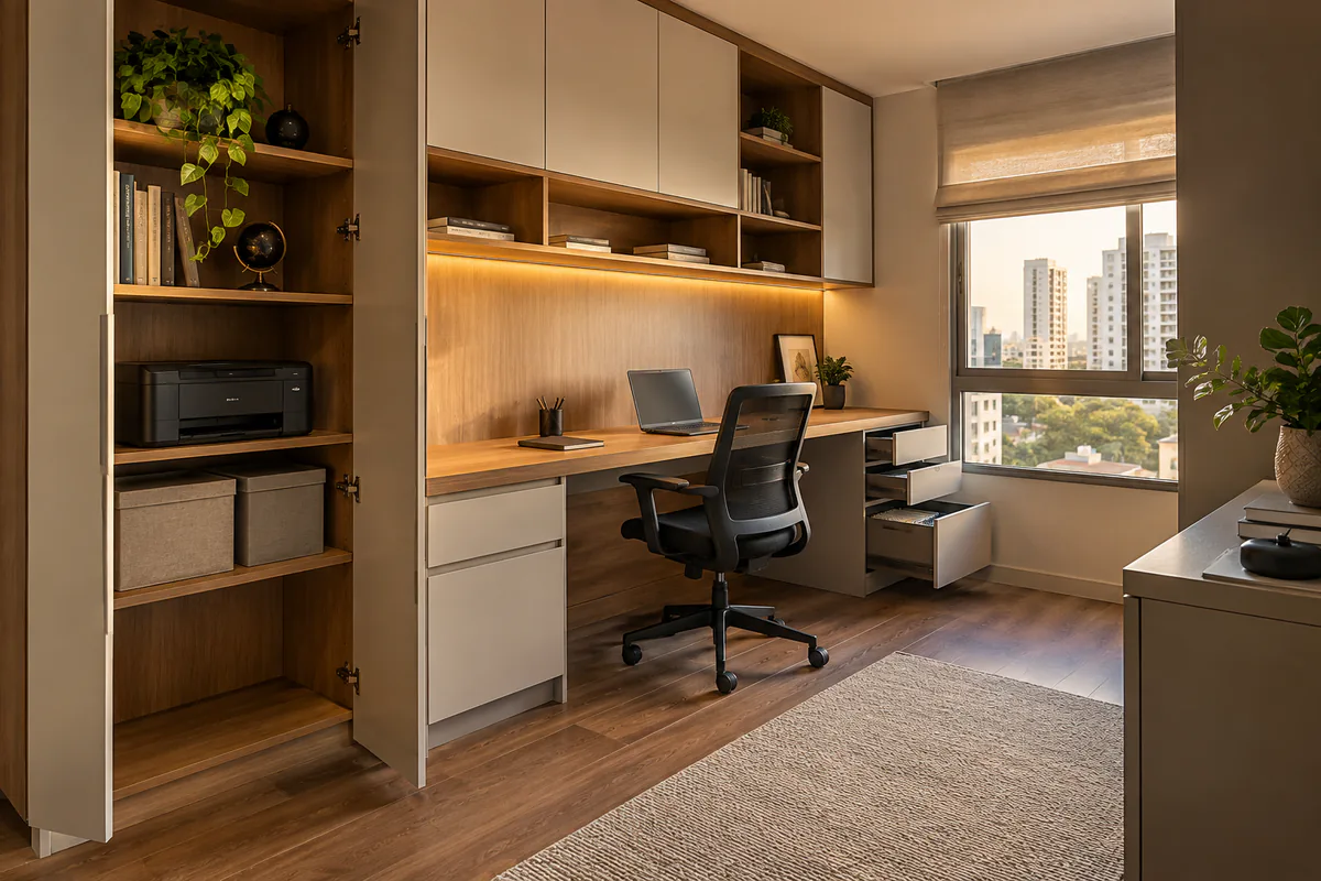 Vista funcional de Home Office Planejado em projeto de marcenaria