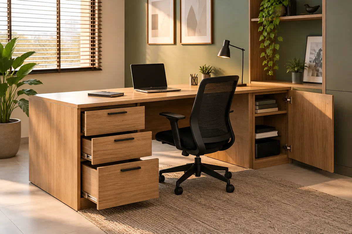 Vista funcional de Mesa de Escritório Sob Medida em projeto de marcenaria