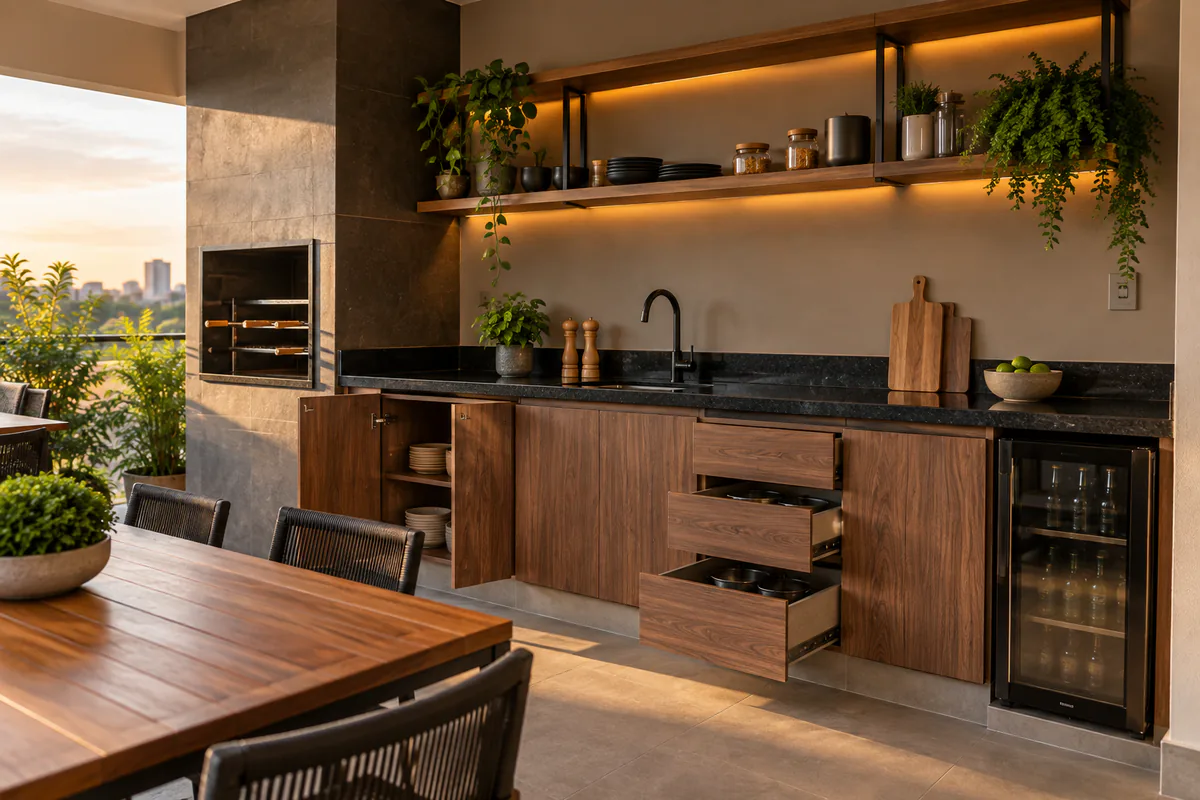 Vista funcional de Nichos e Prateleiras para Área Gourmet em projeto de marcenaria