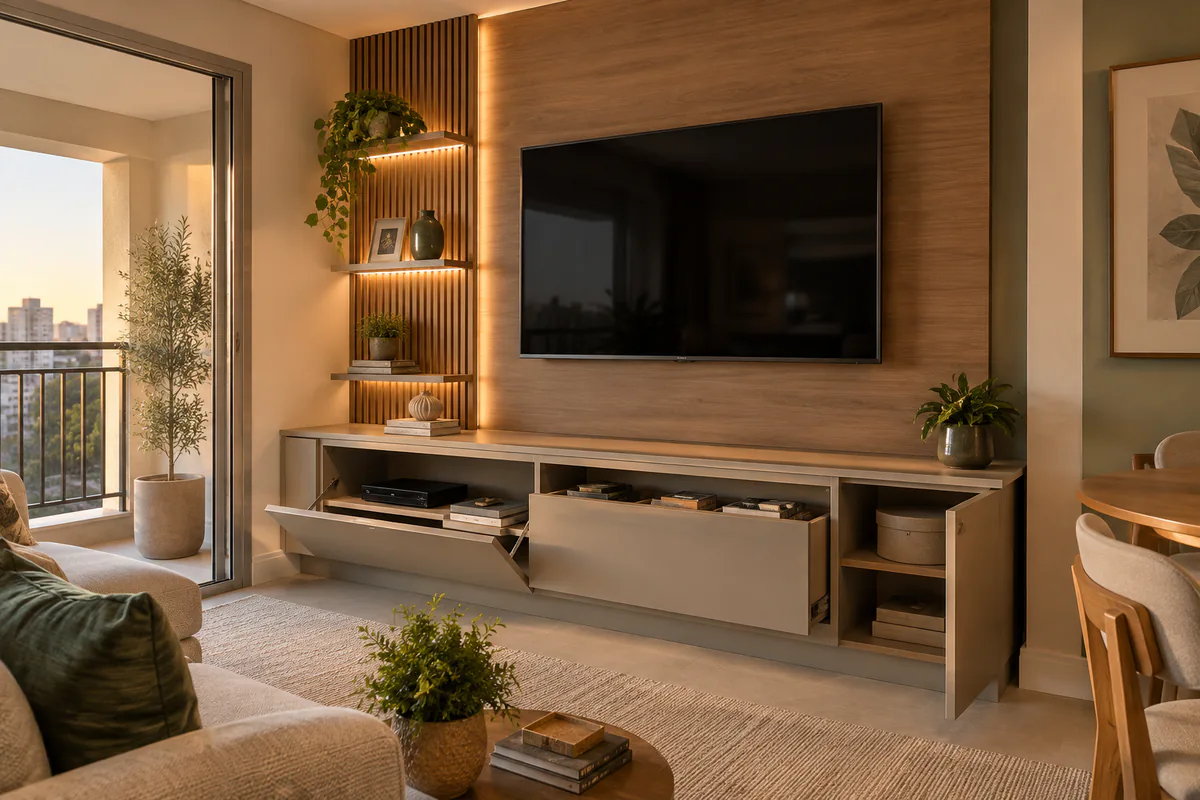 Vista funcional de Painel para TV Sob Medida em projeto de marcenaria