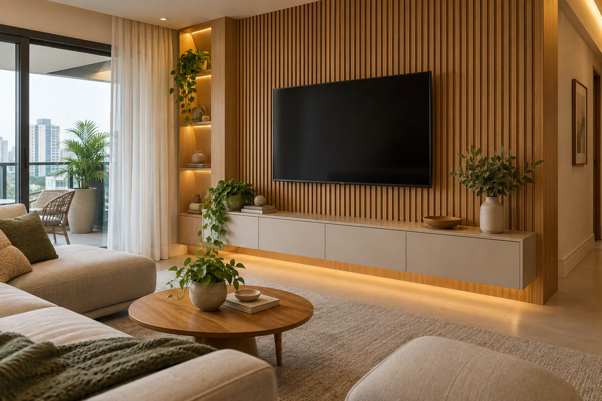 Sala contemporânea com painel ripado de madeira e rack suspenso sob medida